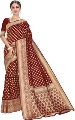 JOYSONIC Woven Kanjivaram Silk Blend Saree(Maroon)