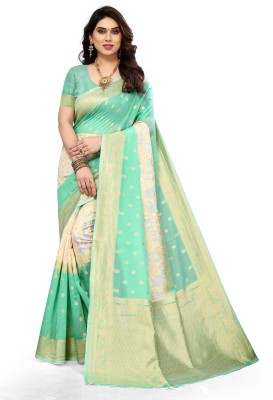 EN Creation Embellished, Self Design, Solid/Plain, Woven Jamdani Chanderi, Cotton Silk Saree(Light Green, Gold)