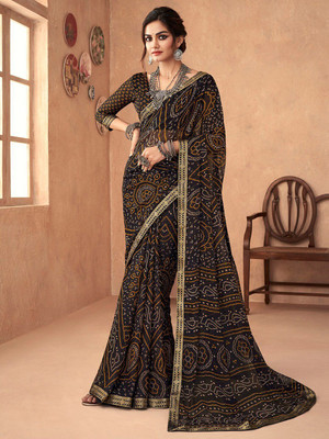 ANOUK Embellished Bandhani Chiffon Saree(Black)