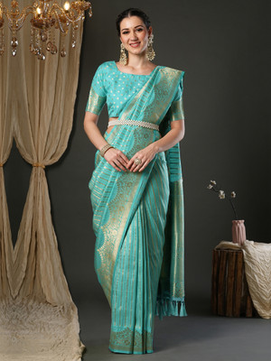 ANOUK Striped Kanjivaram Viscose Rayon Saree(Light Blue)