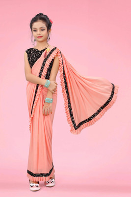 HouseOfCommon Embellished, Self Design Bollywood Lycra Blend Saree(Orange)