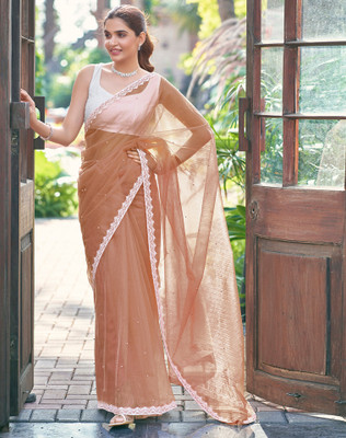 SIRIL Dyed, Embellished, Self Design Bollywood Net Saree(Orange)