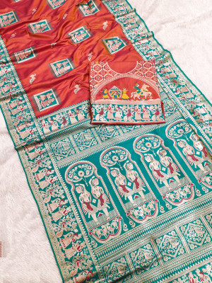 AARADHYA Woven Baluchari Silk Blend, Art Silk Saree(Red, Dark Green)