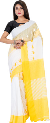 SAYAN CREATION Self Design Handloom Pure Cotton Saree(White, Yellow)