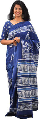 Clothonus Printed Ikkat Pure Cotton Saree(Blue)