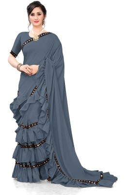 fentik.com Solid/Plain Bollywood Lycra Blend Saree(Grey)