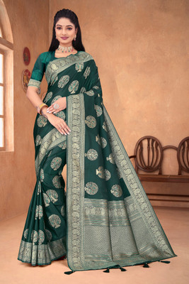 Riwayat Luxury Woven, Floral Print, Self Design Banarasi Pure Silk Saree(Green)