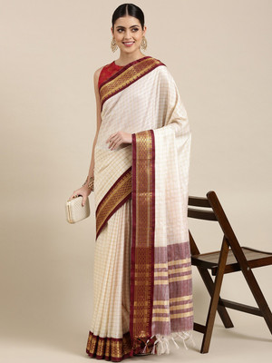 yourwish Checkered, Embellished, Woven Bollywood Cotton Silk, Jacquard Saree(Maroon, White, Gold)