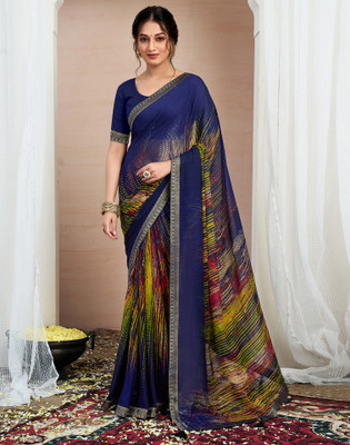 Samah Printed, Embellished Bandhani Chiffon, Georgette Saree(Blue)