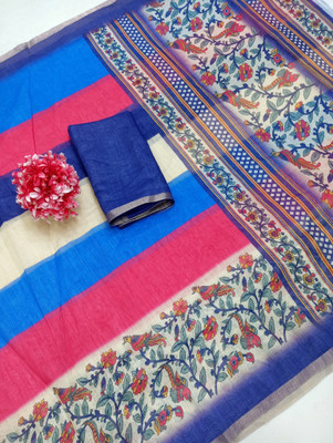 HangerStories Printed Kanjivaram Linen, Cotton Linen Saree(Multicolor)