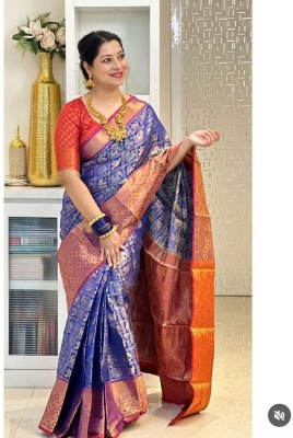 Bayja Animal Print, Floral Print, Woven, Printed, Self Design Kanjivaram Jacquard, Pure Silk Saree(Blue)