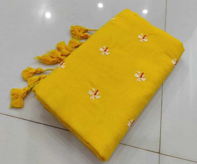 OSARIO Embroidered Handloom Pure Cotton Saree(Yellow)