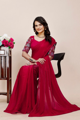 SAADHYA CREATION Embroidered, Solid/Plain Bollywood Satin Saree(Maroon)