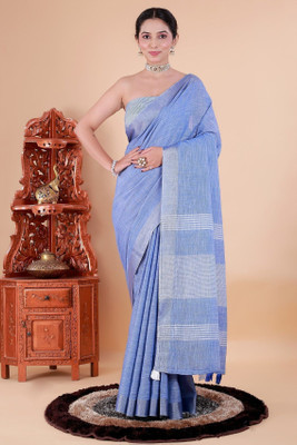 NEGRONI Solid/Plain Daily Wear Linen Saree(Blue)