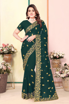 CHAMUNDA CREATION Embroidered Bollywood Georgette Saree(Green)