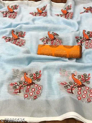 MITRACREATION Self Design Chanderi Cotton Silk Saree(Light Blue)