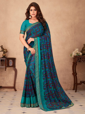 Divastri Printed Bollywood Chiffon Saree(Blue)