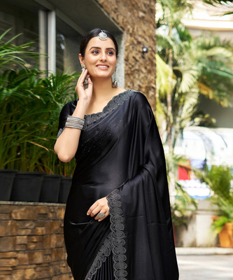 Samah Embellished Bollywood Satin Saree(Black)