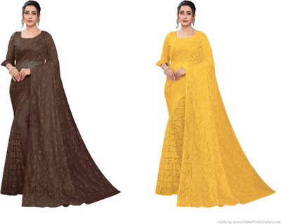 Nilkanthvarni Creation Self Design Bollywood Net Saree(Pack of 2, Brown, Yellow)