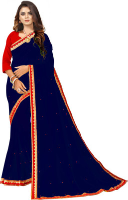 LIMTD Solid/Plain Bollywood Georgette Saree(Dark Blue, Red)