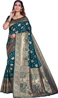 Janvi Boutique Woven Kanjivaram Pure Silk Saree(Dark Green)
