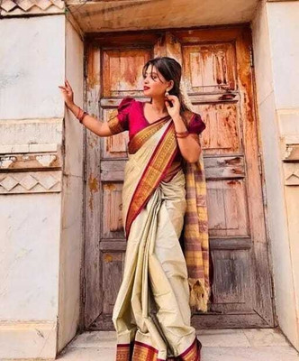 valida Embellished, Woven Dharmavaram Cotton Silk Saree(Beige)