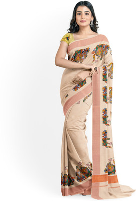 Vairavaa Tex Printed Kasavu Tissue Saree(Brown)