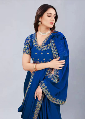 DHARMEE Solid/Plain Bollywood Georgette Saree(Dark Blue)