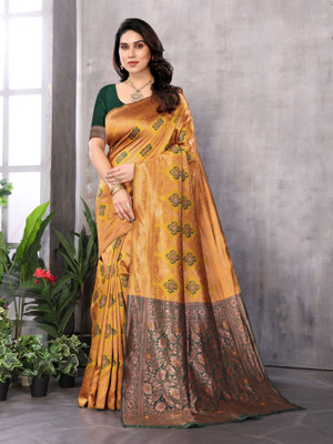 Soor Panchi Woven Banarasi Pure Silk Saree(Mustard, Green)