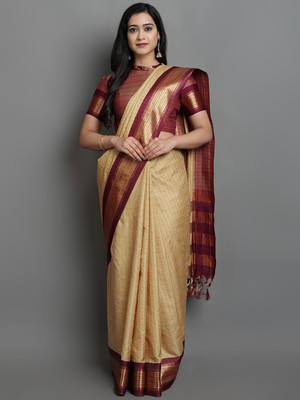 KCF Checkered Handloom Cotton Silk Saree(Beige)