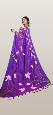 SOHAM SAREE GHAR Hand Painted Handloom Cotton Blend Saree(Purple)