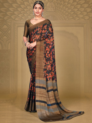 Divastri Printed Bollywood Chiffon Saree(Dark Blue)