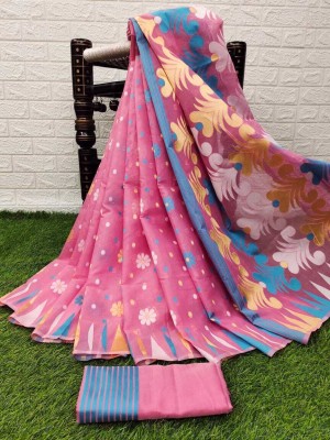 Niwaa Woven, Floral Print, Self Design, Temple Border Jamdani Cotton Blend, Jacquard Saree(Pink)