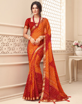 SIRIL Printed Bandhani Chiffon Saree(Red, Orange)