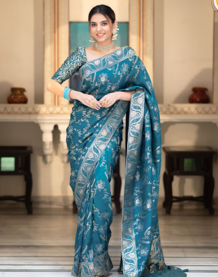 Samah Woven, Self Design Kanjivaram Art Silk Saree(Blue, Gold)