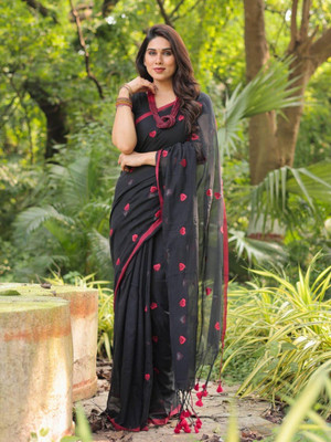 Rnn Saree Embroidered Handloom Cotton Blend Saree(Black)