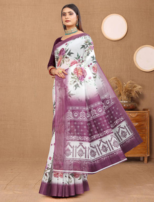 G GAJAL INTERNATIONAL Floral Print Kanjivaram Pure Cotton, Chanderi Saree(White, Pink)