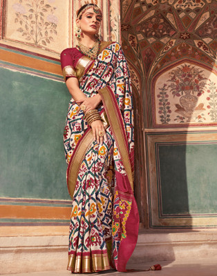 Samah Printed, Embellished Patola Silk Blend Saree(Cream, Red, Multicolor)