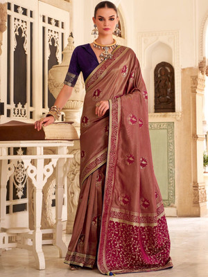 HERE&NOW Woven Banarasi Tissue Saree(Brown)