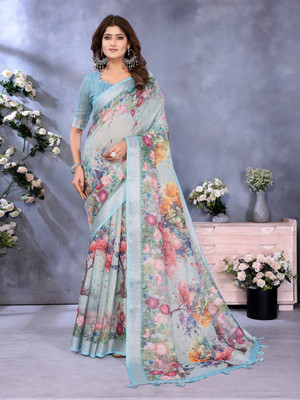 Vintro Floral Print Bollywood Linen Saree(Blue)