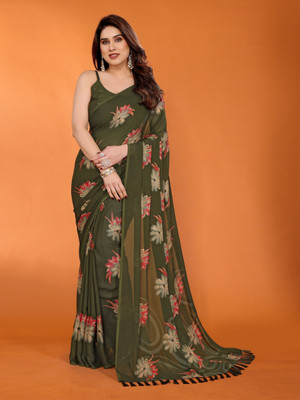 Divastri Floral Print Bollywood Chiffon Saree(Green)