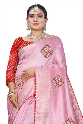 Dhanlaxmi Creation Embroidered Handloom Cotton Blend Saree(Pink)