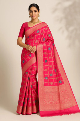 Tanishika creation Geometric Print Banarasi Cotton Linen Saree(Pink)