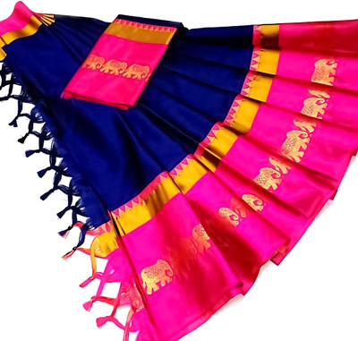MoonTextile Temple Border Assam Silk Cotton Silk Saree(Dark Blue)
