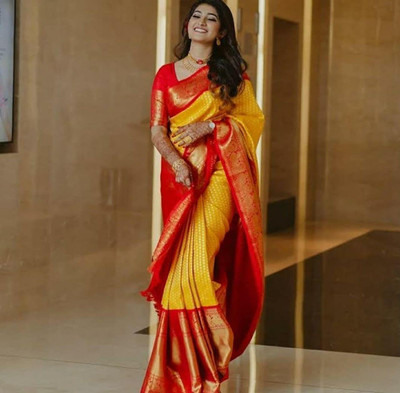 VADTALWALA Self Design Banarasi Jacquard Saree(Yellow, Red)