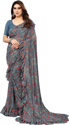 BLEESBURY Printed, Solid/Plain, Digital Print, Striped, Self Design Bollywood Chiffon, Georgette Saree(Green, Grey)