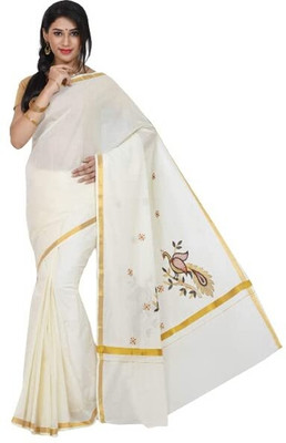 Fashionkiosks Embroidered, Solid/Plain, Animal Print Kasavu Pure Cotton Saree(Red, Gold)