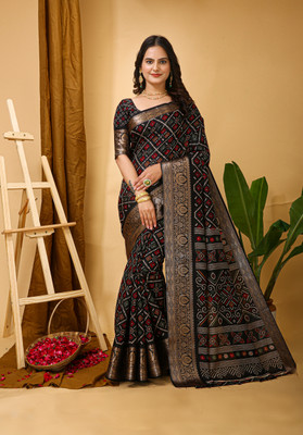 Sperova Geometric Print, Woven Bollywood Cotton Silk Saree(Black)