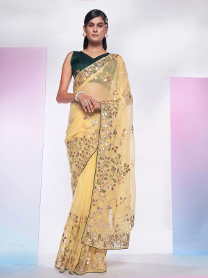 odette Embroidered Saree with Attached Blouse Georgette Saree(Yellow)