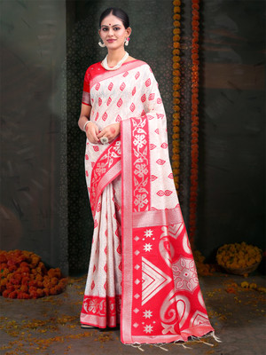 Divastri Woven Tant Cotton Linen Saree(White, Red)